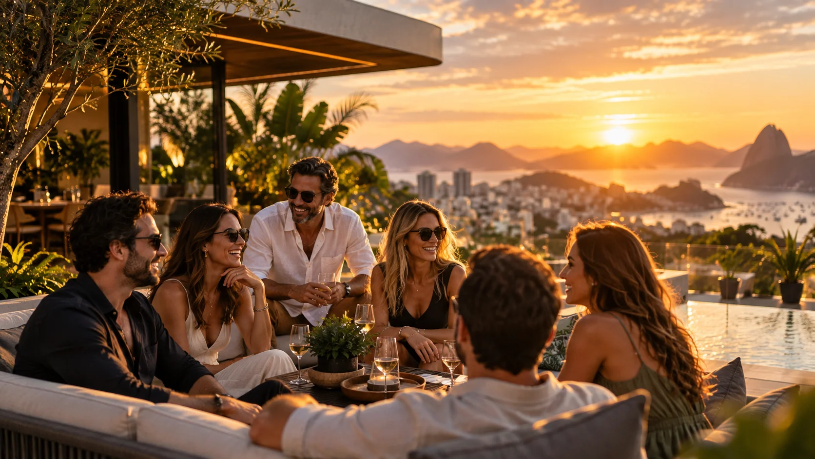 Pessoas reunidas em um rooftop ao pôr do sol