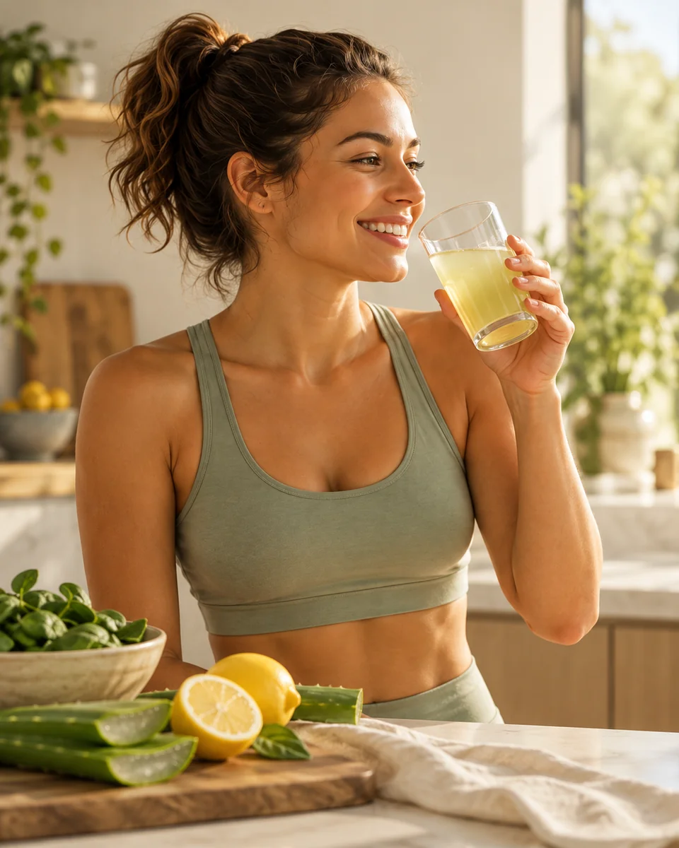 Mulher em rotina wellness bebendo Aloe Vera
